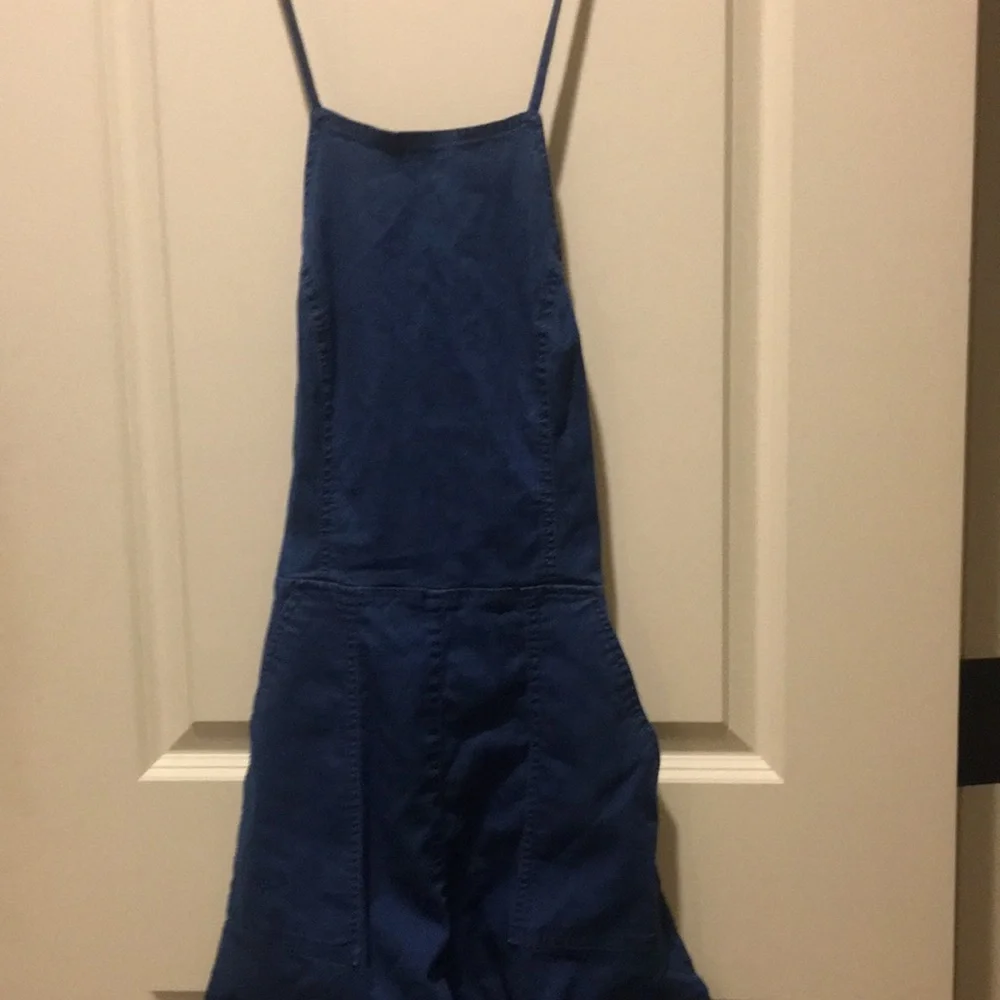 Lush womens spaghetti Crisscross Denim Romper shorts stretch pockets size S